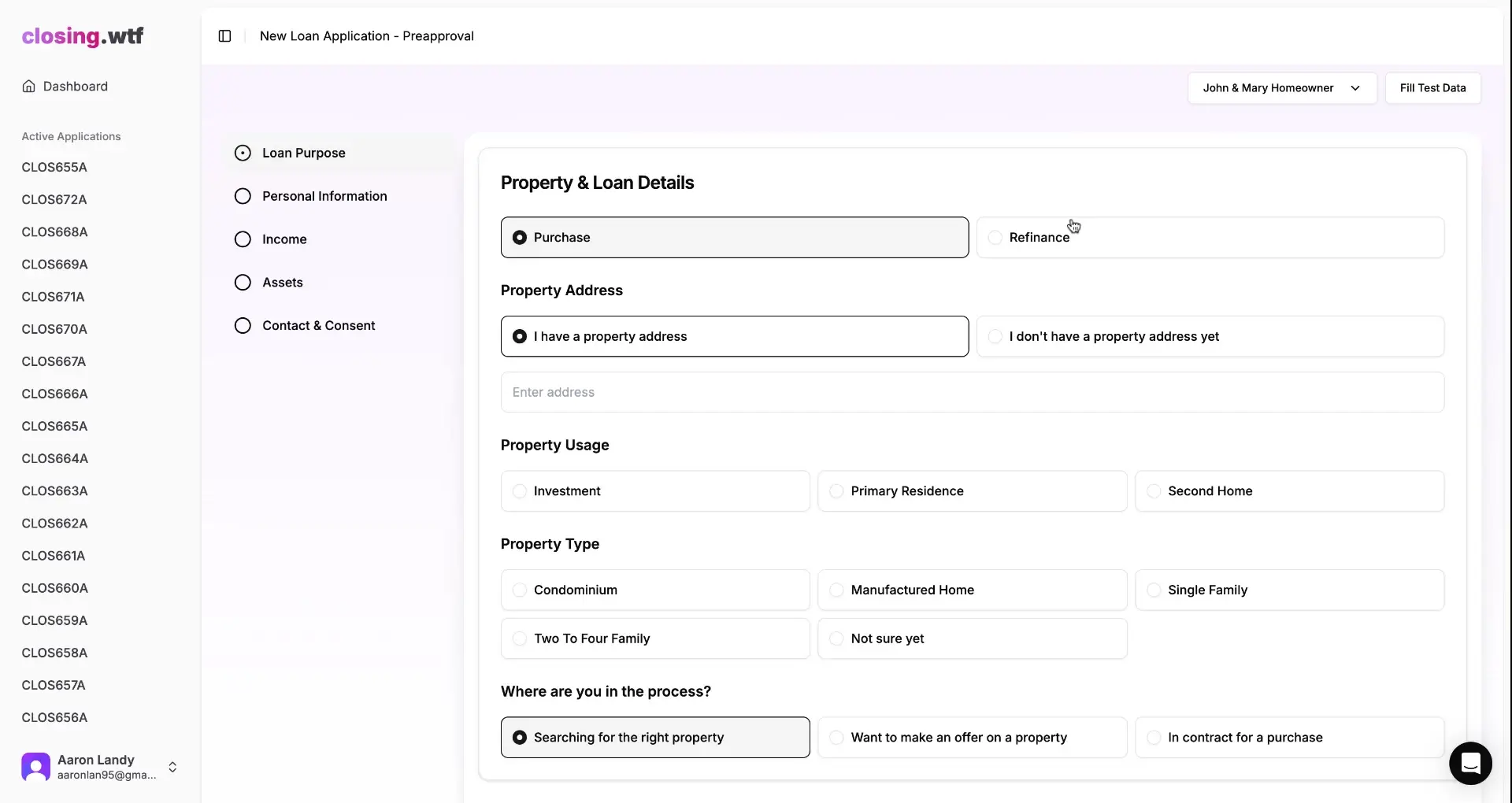 ClosingWTF New Loan Application Preapproval page showing Property & Loan Details form