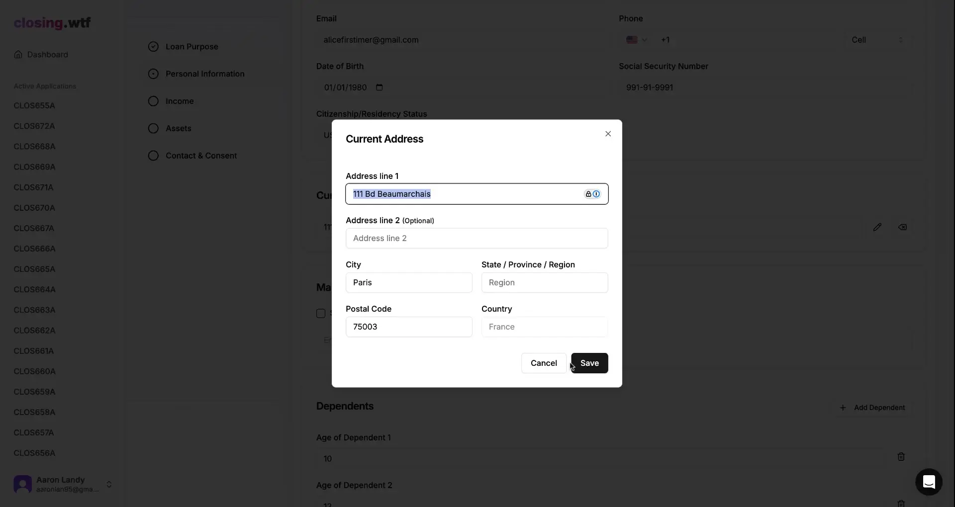 ClosingWTF platform current address entry modal for loan preapproval