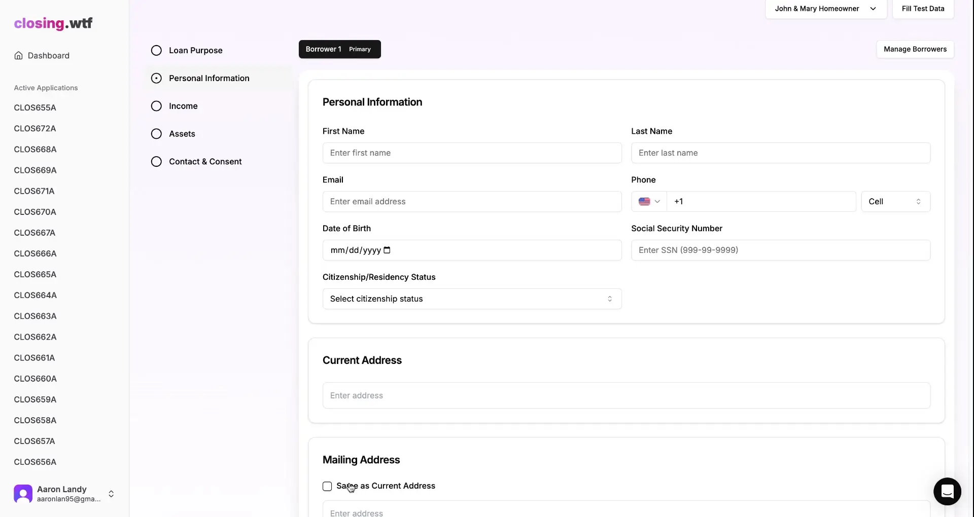 ClosingWTF Loan Preapproval Personal Information screen