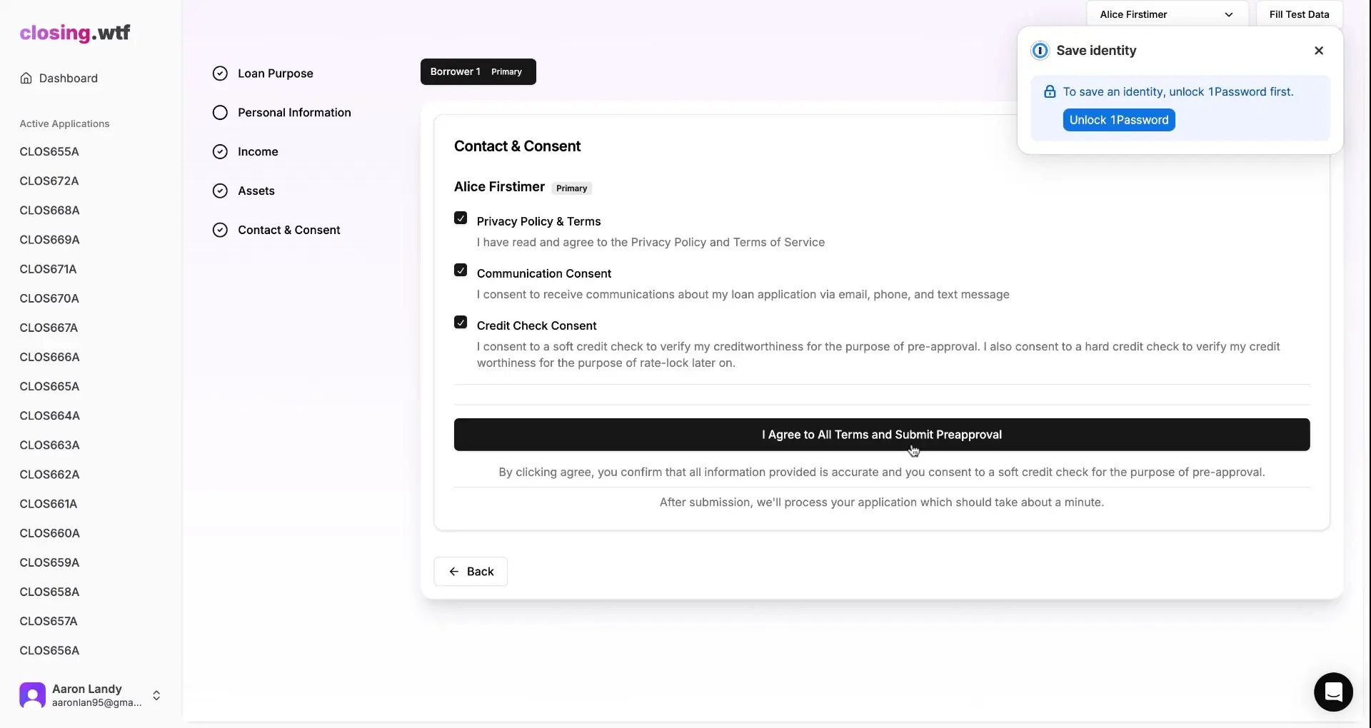 ClosingWTF Loan Preapproval Contact & Consent screen