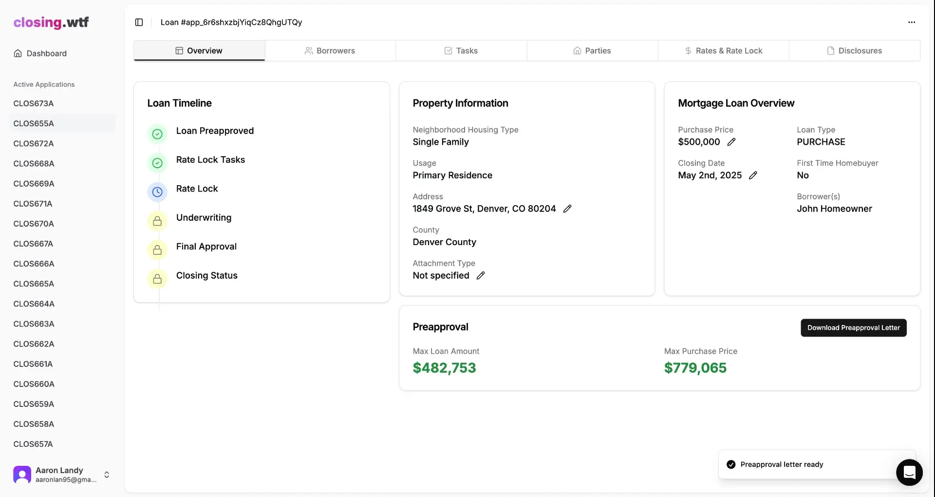 ClosingWTF loan preapproval interface showing loan timeline, property information, mortgage loan overview, and preapproval details.
