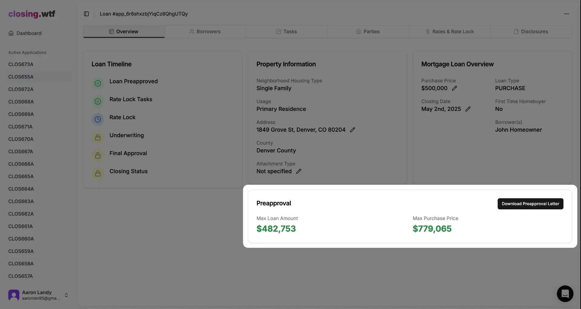 ClosingWTF Loan Preapproval Overview screen showing loan timeline, property information, mortgage loan overview, and preapproval details.