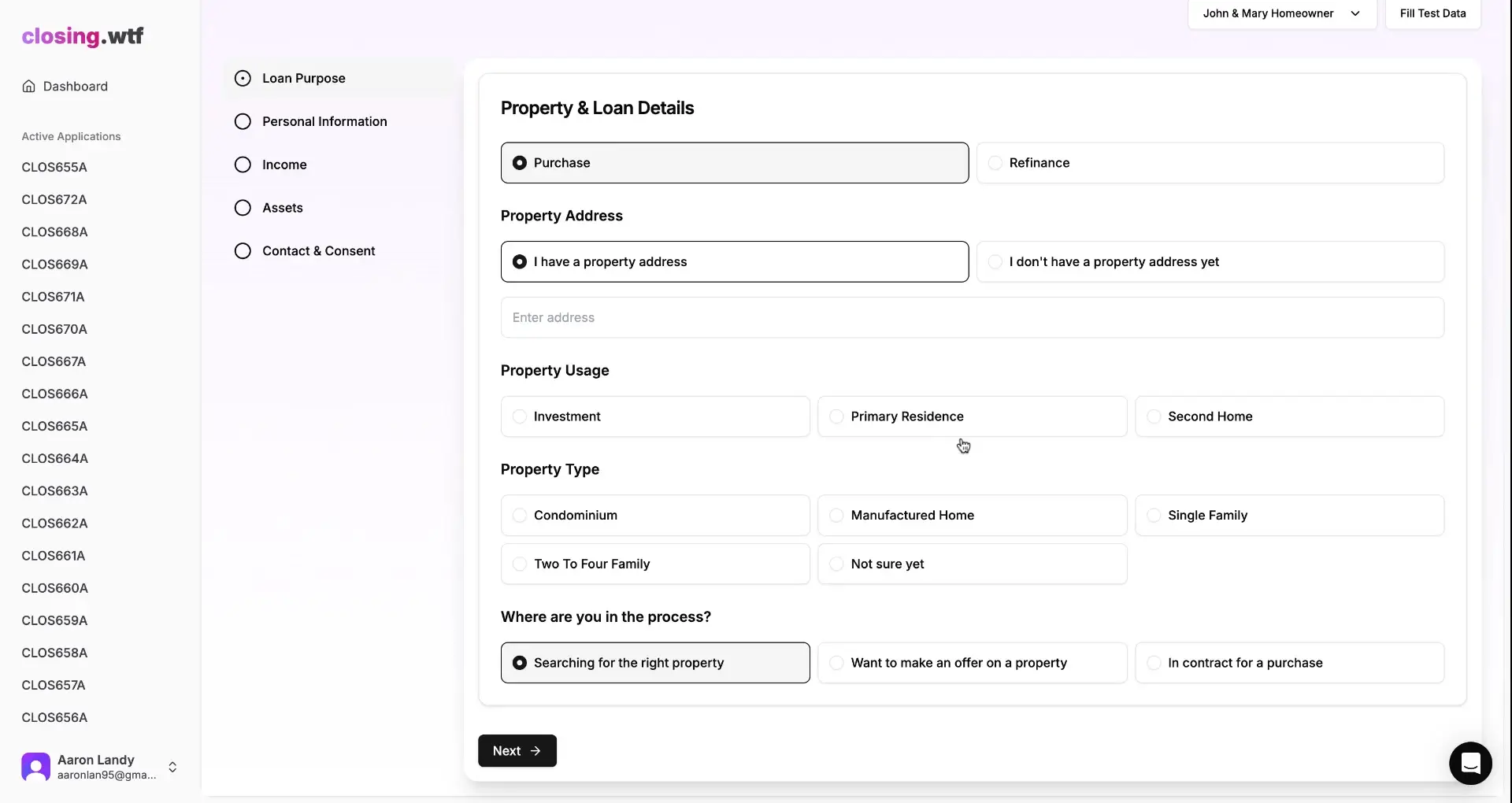ClosingWTF Loan Preapproval Property & Loan Details screen