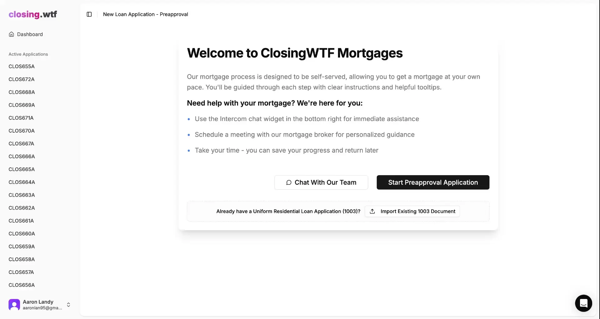 ClosingWTF Mortgages Welcome Page for New Loan Application Preapproval
