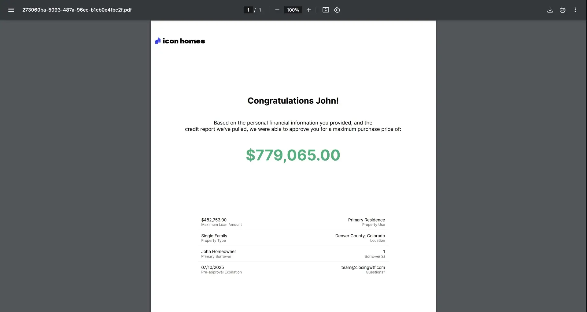 Loan Preapproval Document from Icon Homes